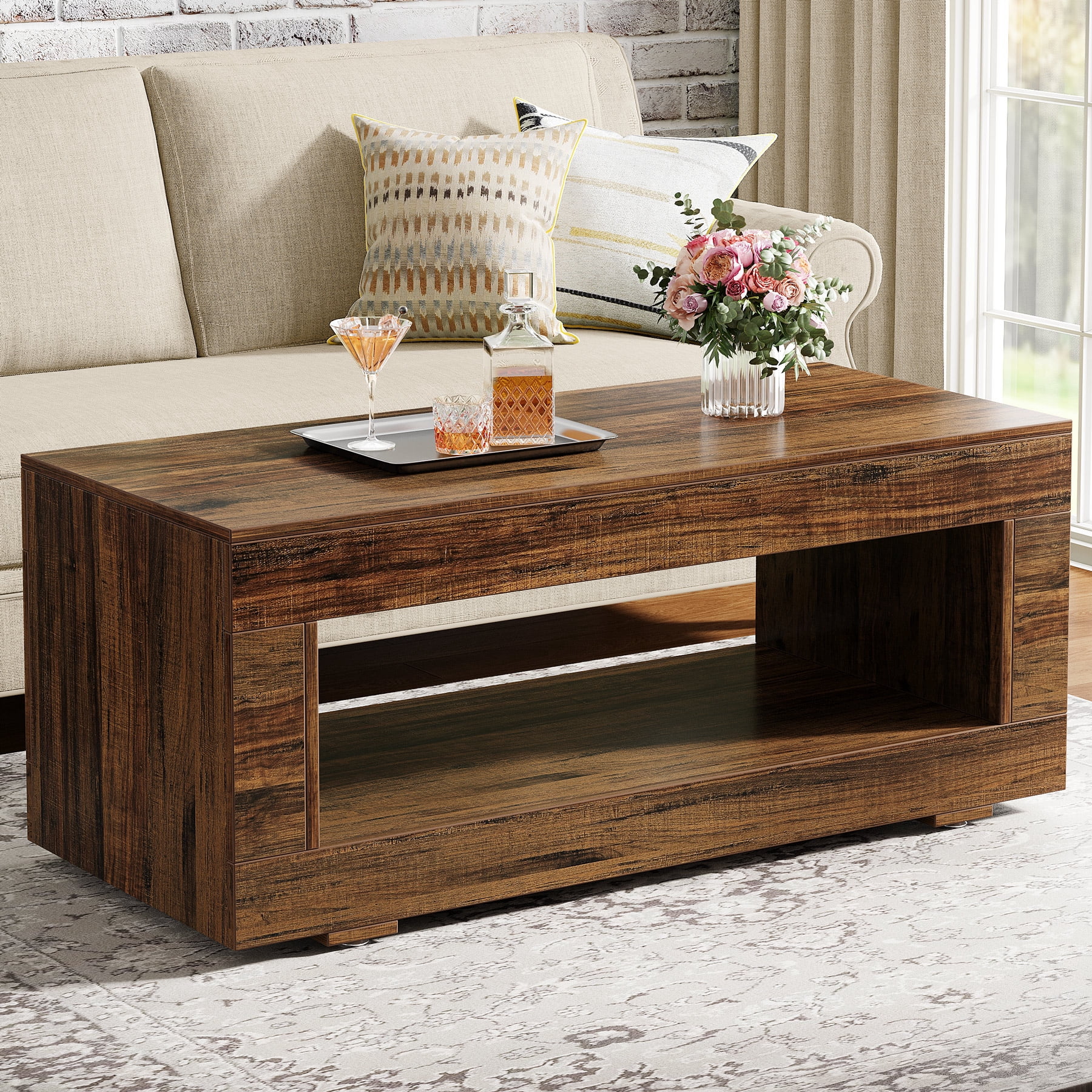 Tribesigns Coffee Table for Living Room, 43.3" Modern Farmhouse Coffee Table with Storage, 2-Tier Wood Rectangular Center Table Cocktail Living Room Table with Sturdy Base, Rustic Brown