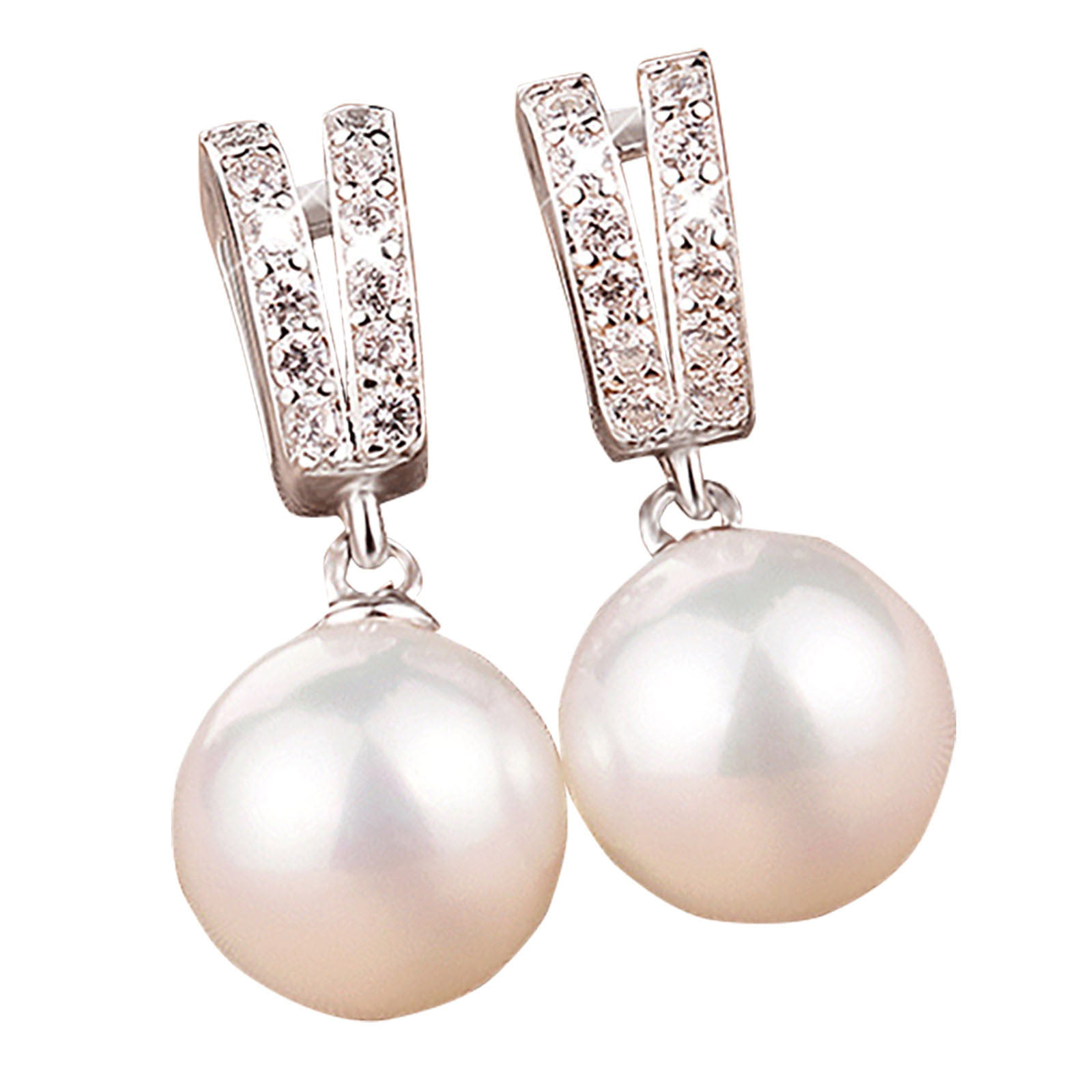 New Rhodium Jewelry Women Petty Beads Zircon Pearl Silver Plated Earrings 