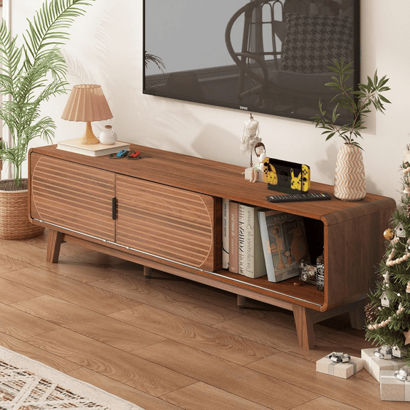 LEFHDA 62" TV Stand for 60/65/70 Inch TV, Mid Century Modern TV Console, Entertainment Center Console with Storage, Engraving Design TV Stand for bedroom & Living Room (Walnut)