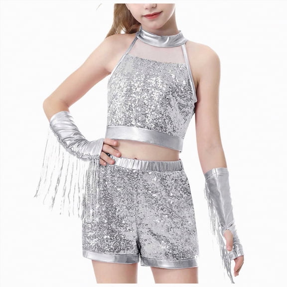 Xudanell Toddler Outfits for Girls Light Sequin Glitter Crewneck Top Shorts Sets Tassel Split Summer Dance Clothes