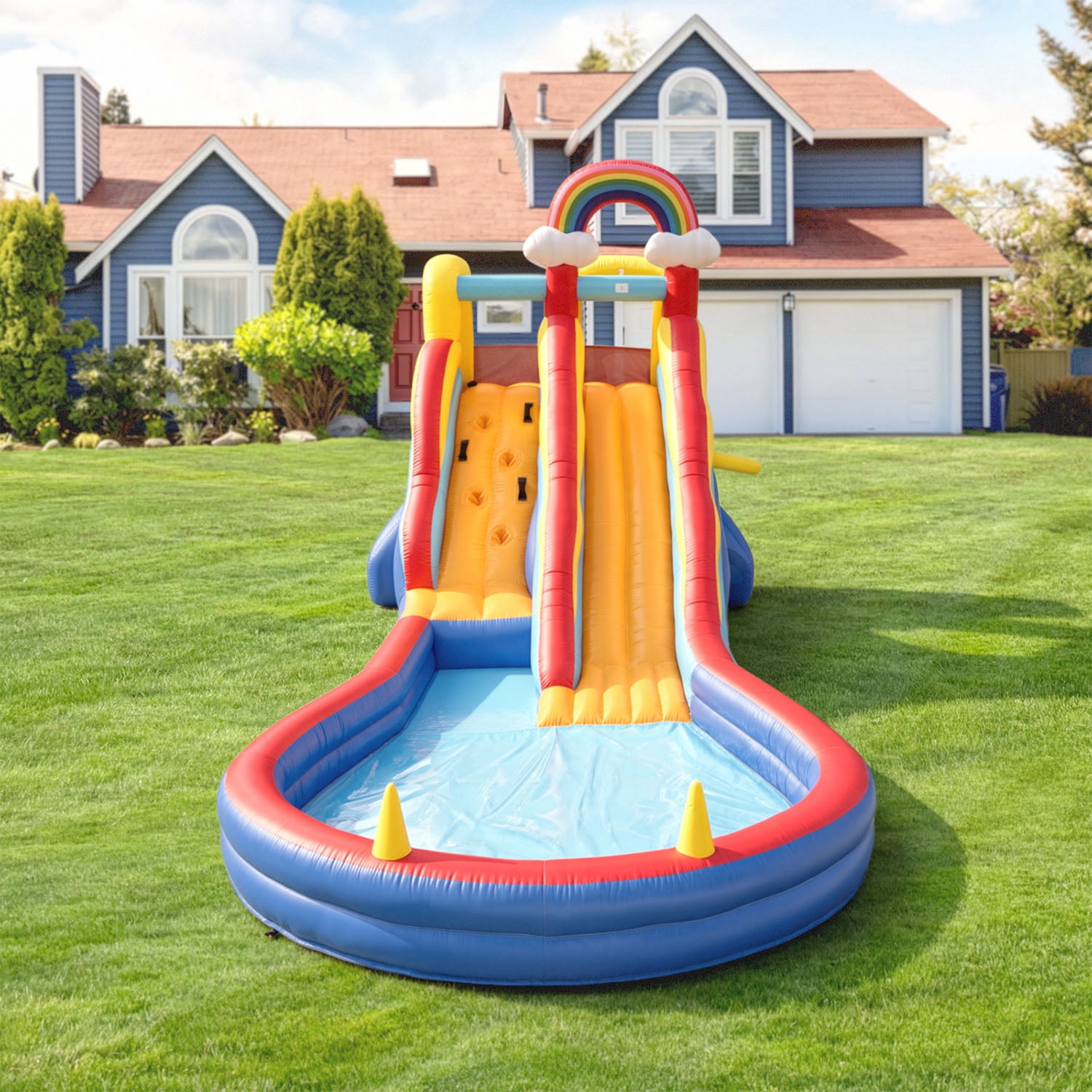 Tryset Inflatable Water Slide Bounce House with Climbing Wall & Splash Pool, Kids Outdoor Water Park with 680W Blower