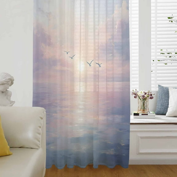 Ocean Seagull Semi Sheer Curtains Drapes for Living Room,Bedroom,French Doors Window 63 Inches Long,Pink Blue Sunset Clouds Gradient Landscape Rod Pocket Chiffon Curtain Drapery Voile Drape Panel