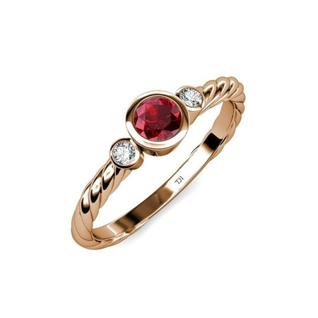 

Ruby and Diamond (SI2-I1 G-H) Three Stone Rope Ring 0.73 ct tw in 14K Rose Gold.size 7.5