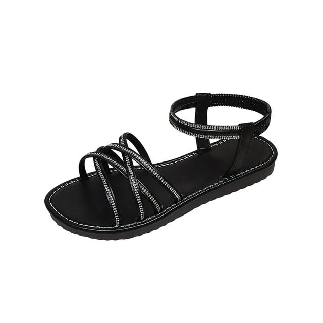 FRSASU Women's Rhinestone Flat Sandals Glitter Open Toe Sparkly Summers Dressy Beach Slides Shoses Black