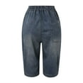 thumbnail image 3 of Aayomet Womens Jeans Elastic Waist Ripped Stitching Shorts Cropped Jeans (Dark Blue, L), 3 of 5