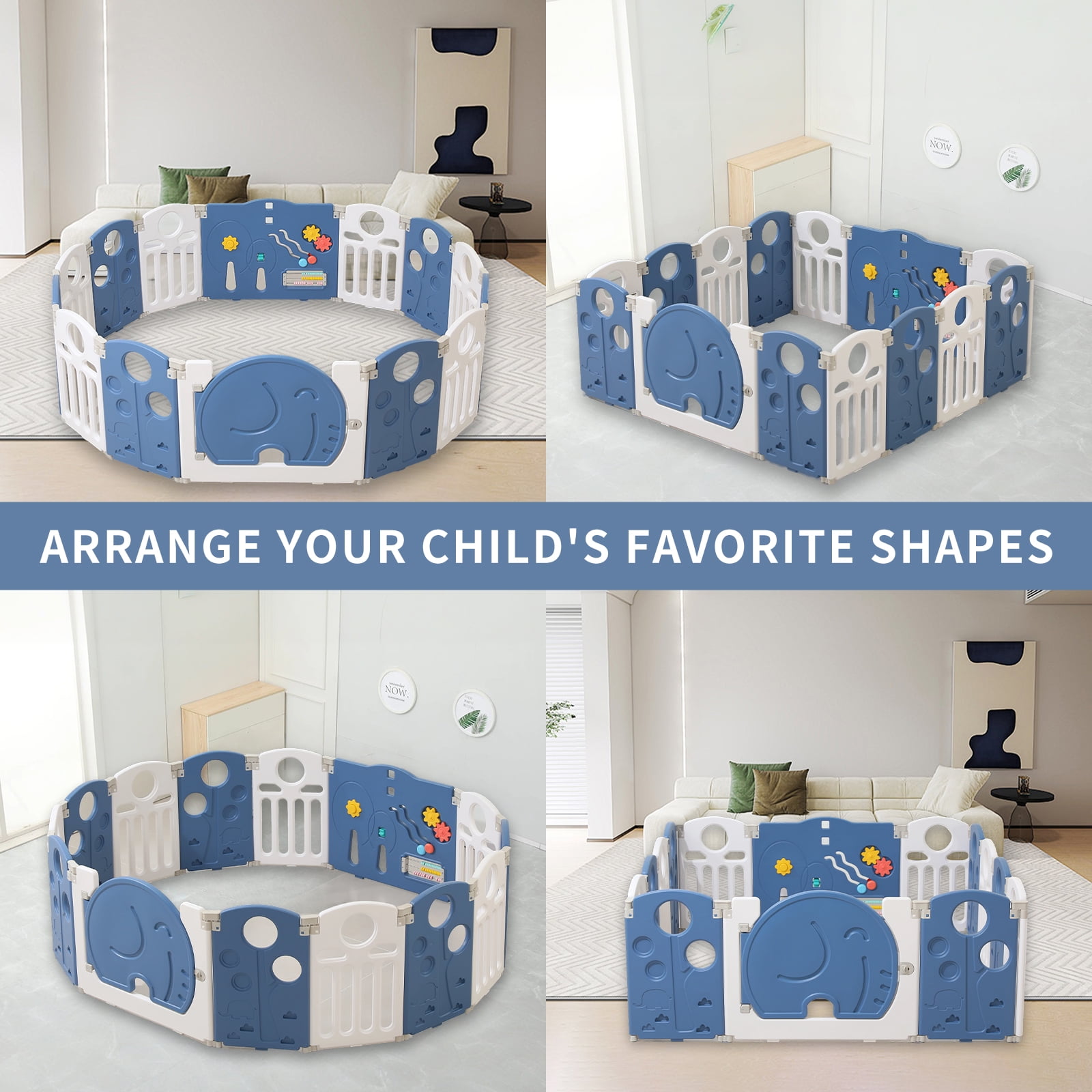 Kids and Toddlers' Playpen,Kids Activity Center Safety Play Yard for Indoor&Outdoor,Portable,Plastic,Dark blue&White,14 Panels