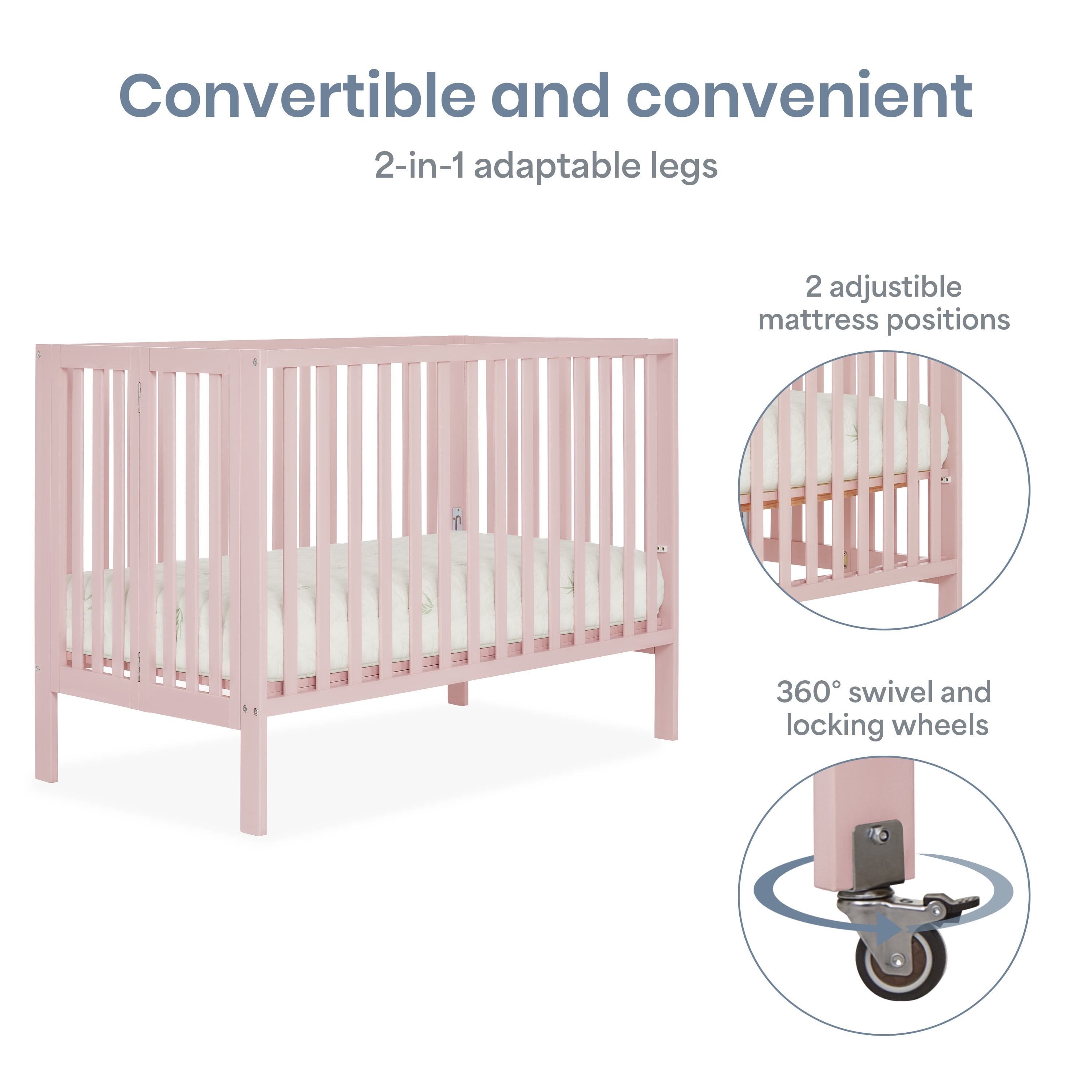 Dream On Me Quinn Full-Size Folding Crib, Patent Folding System in Blush Pink