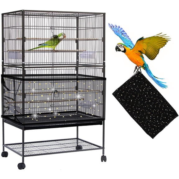 Large Bird Cage Cover, Bird Cage Seed Catcher, Adjustable Soft Airy Nylon Mesh Net, Birdcage Cover Skirt Seed Guard for Parrot Parakeet Macaw African Round Square Cages (Black)
