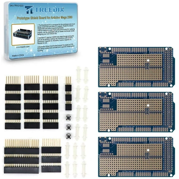 Treedix 3 pcs Prototype Shield Board Solderable Universal BreadBoard PCB Double Sided Tinned Gold Plated Holes with Female Header Compatible with Arduino Mega 2560