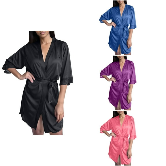 Antinious Women Fashion Casual Lightweight Robe Long Sleeve V-Neck Bathrobe with Belt,Robes for Women,Women Pajamas Bathrobes,Watermelon Red,Free Size