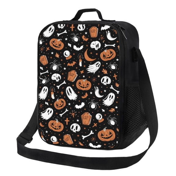 Halloween Black Pumpkin Skull Ghost Lunch Bag Insulated Thermal Box with Shoulder Strap & Handle for Work and Picnic