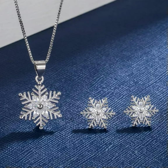 K-KED 925 Sterling Silver Crystal Snowflake Necklace Earrings Christmas Delicate Jewelry Sets-default
