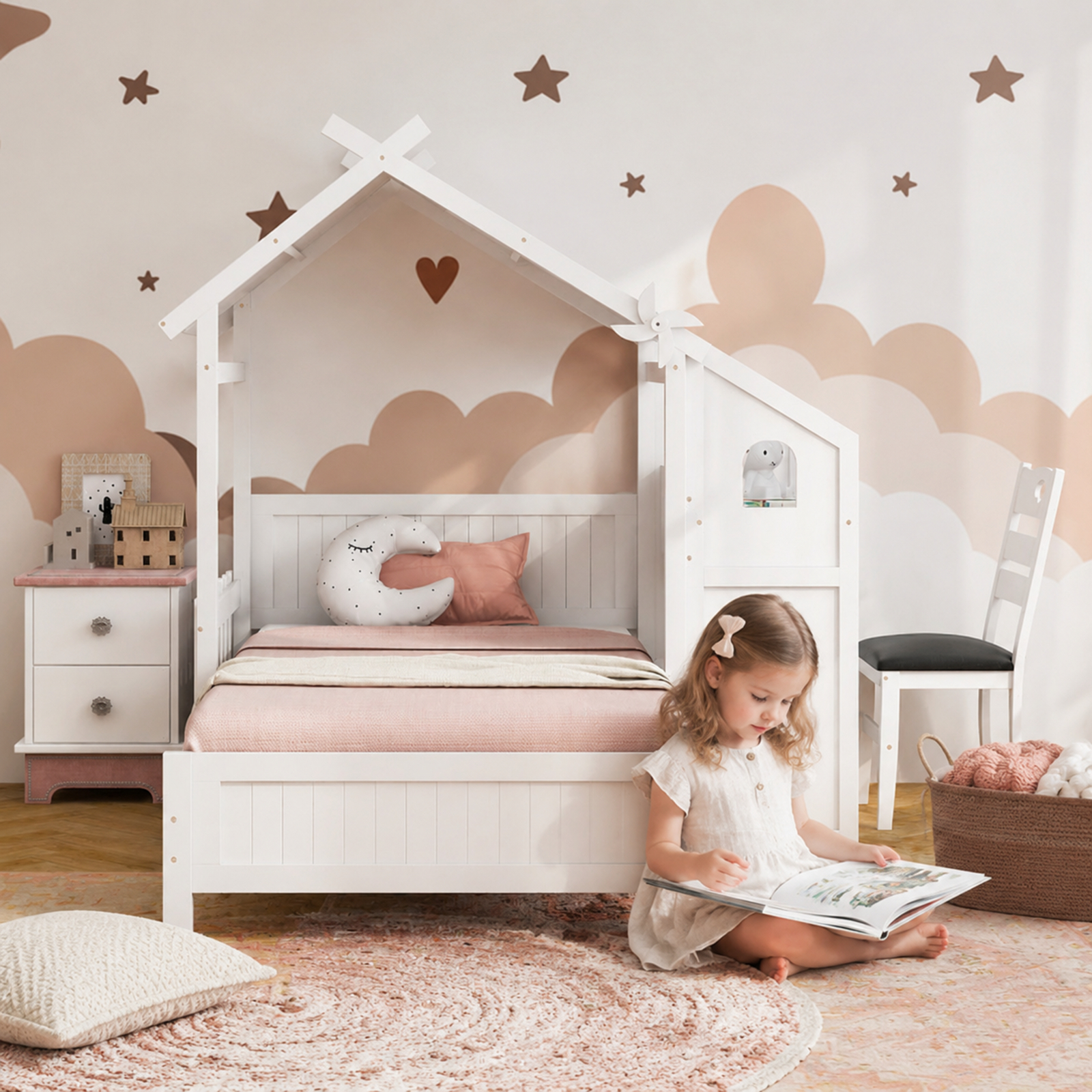 Furnibear White Twin House Bed with Built in Desk 2 Storage Drawers Ergonomic Study Chair Decorative Windmill High Headboard and Protective Fence for Nursery Bedroom