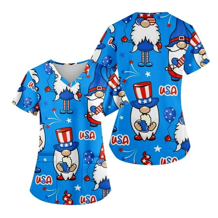 

QAZXD Womens Summer Independence Day Scrub Tops V-Neck Short Sleeve Graphic Prints Shirts Blouse Blue L