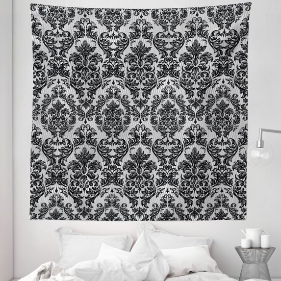 Baroque Tapestry, Vintage Lace Style Pattern of Antique Victorian Motifs Renaissance Influences, Fabric Wall Hanging Decor for Bedroom Living Room Dorm, 5 Sizes, Black and White, by Ambesonne