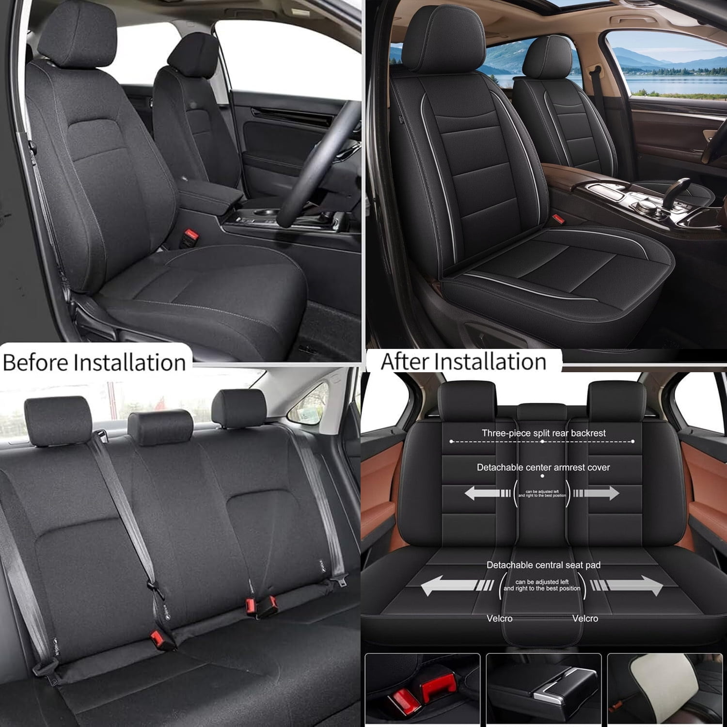 LAONNVIR Front Car Seat Covers,Premium Leather Car Seat Protectors,Automotive Interior Cushions Universal Fit Most Cars(Black,Front Pair)