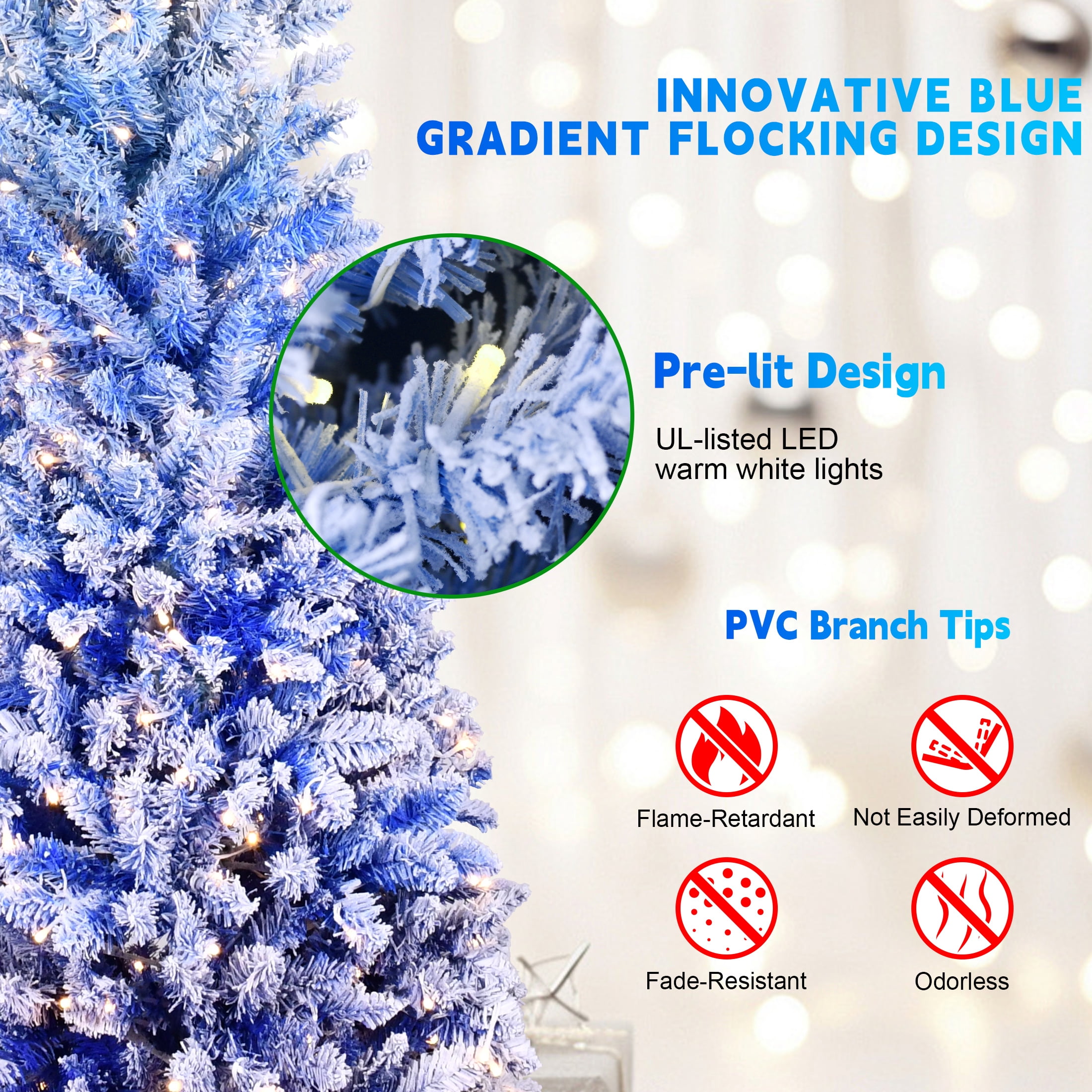6ft Blue Gradient Flocked Pencil Christmas Tree 725 Tips 300 LED Lights Hinged Branches Metal Stand