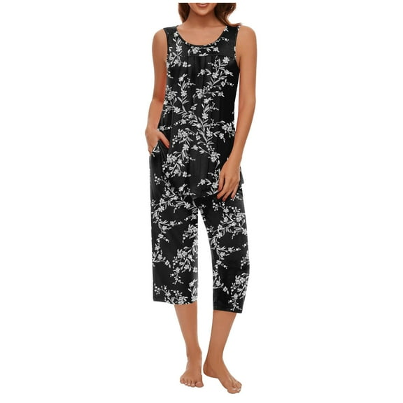 LEKDFST Womens Sleeveless Pajama Sets 2 Piece Sleepwear Summer Lounge Outfits Tanks Capri Pants Ladies Pjs Black L