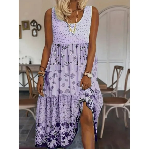 MORTTIC Women's Plus Size Boho Floral Maxi Dress Sleeveless Tiered Pleated Swing Sundress, Flowy Casual Summer Long Dress (1XL–5XL)