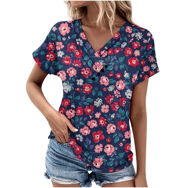 Tops de Algodón para Mujeres Cuello en V Moda Casual Manga Corta Primavera Verano Top para el Hogar Y Diario