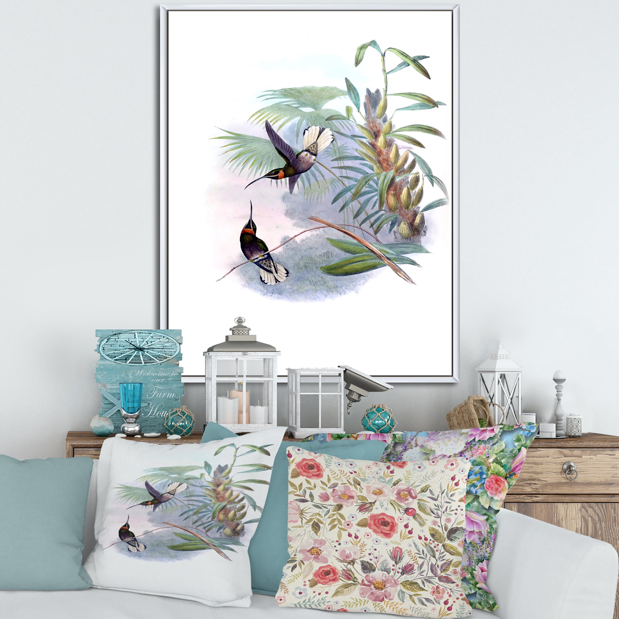 Ancient Hummingbird On A Branch 24 in x 32 in Framed Painting Canvas Art Print, by Designart