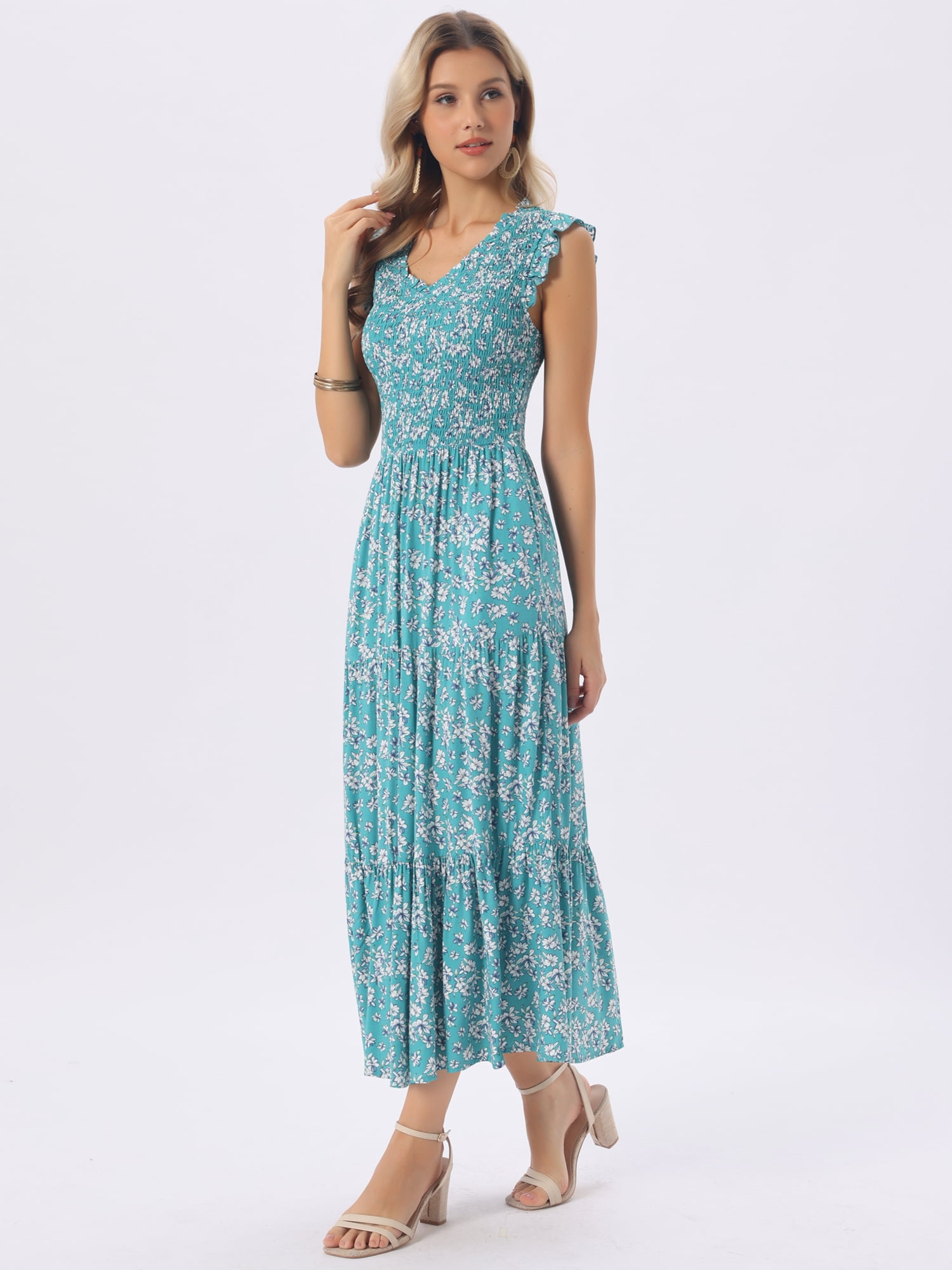 DARING DIVA V Neck Smocked Ruffle Tiered Maxi Dress Medium Green