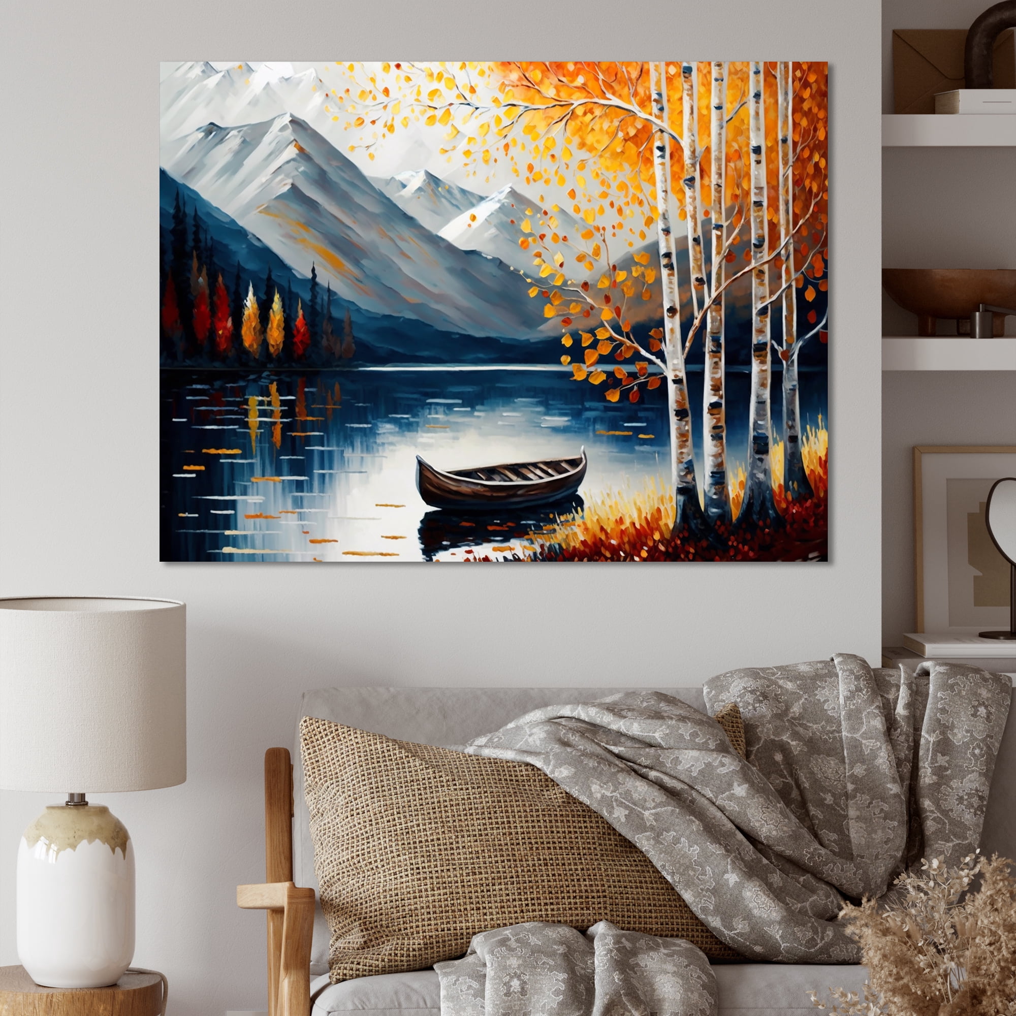 Designart Canoe On A Lake In Fall II Canvas Wall Art