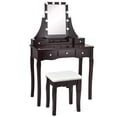 thumbnail image 2 of Patiojoy Coiffeuse à DEL Table de Maquillage Bureau avec Tiroirs et Tabouret Rembourré Brun, 2 of 10