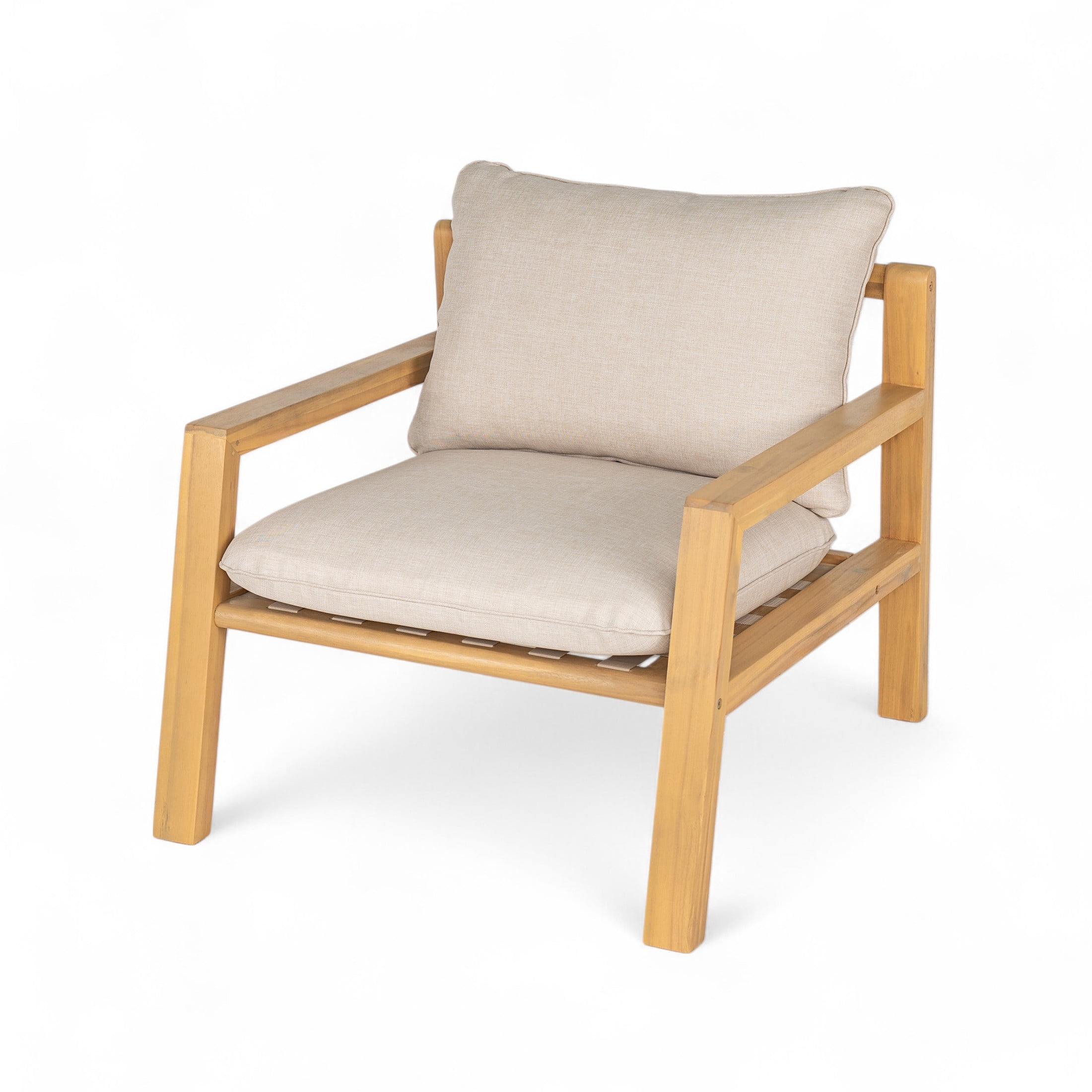 Christopher Knight Home Outdoor Wood Lounge Chair with Rope Weaving Backrest, Beige Cushion
