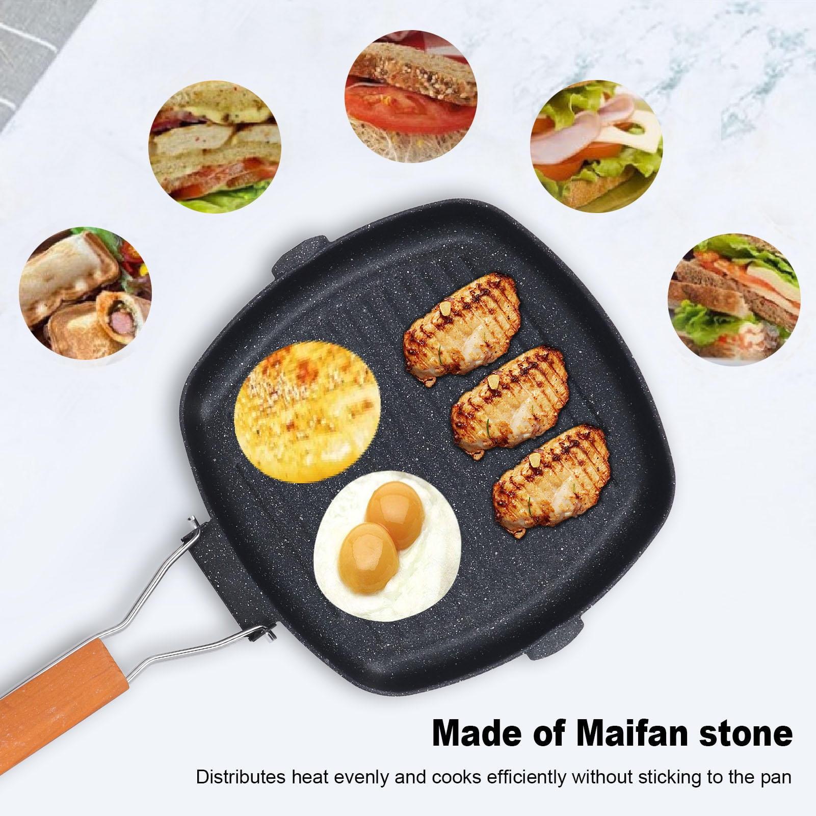 BIMZUC Maifan Stone Non‑Stick Grilling Pan – 10.6” Square, Ribbed Design, Foldable Wooden Handle, Flat Base, Gas & Induction Compatible
