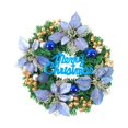 thumbnail image 1 of Feliz Navidad: Corona de puerta con hojas verdes, bayas y adornos navideños. Azul 40cmx8cm, 1 of 9