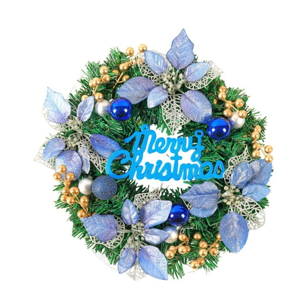 Corona navideña para puerta con hojas verdes, fondo y bolas de bayas. Azul 40cmx8cm