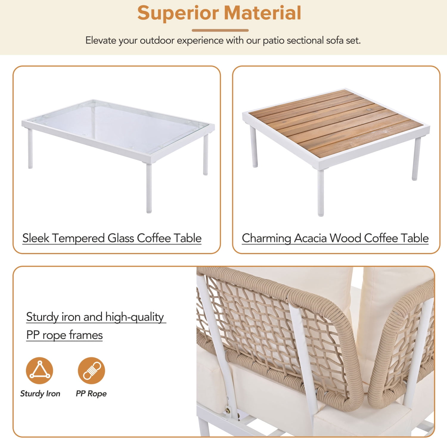 Harper & Bright Designs Outdoor Metal Conversation Furniture Set, 8 Pieces Patio L Shaped Sectional Sofa Set with Glass Coffee Table and Wooden Coffee Table for Garden Backyard and Poolside, Beige