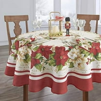 Elrene Home Fashions Red and White Poinsettias Holiday Tablecloth, 60" x 84" Oval, Multi