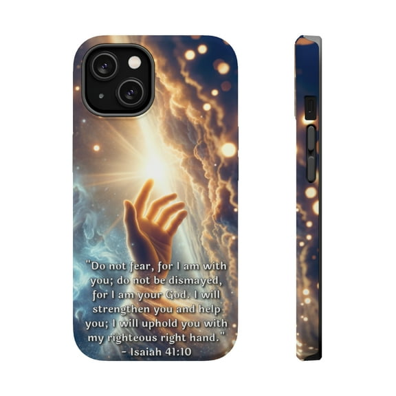 DistinctInk Tough Case for Apple iPhone 15 (6.1" Screen), Compatible with MagSafe Charging - "Isaiah 41:10 - Finding Strength and Comfort in God"