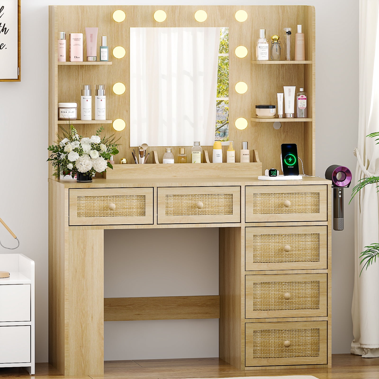 Ktaxon Lighted Makeup Vanity with 6 Drawers, Get Ready with Me Vanity Table Set w/ Charging Station, Side Rack, Wood Color
