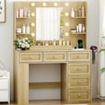 thumbnail image 4 of Ktaxon Lighted Makeup Vanity with 6 Drawers, Get Ready with Me Vanity Table Set w/ Charging Station, Side Rack, Wood Color, 4 of 8