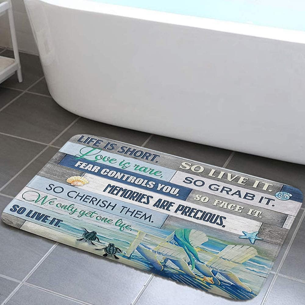 Beach Bathroom Rugs, Coastal Starfish Seashell Non Slip Bath Mat for