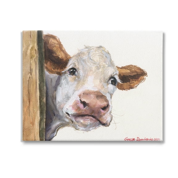 Stupell Industries Peeking Cattle & Fence Animals & Insects Painting Gallery Wrapped Canvas Art Print Wall Art, 20 x 16