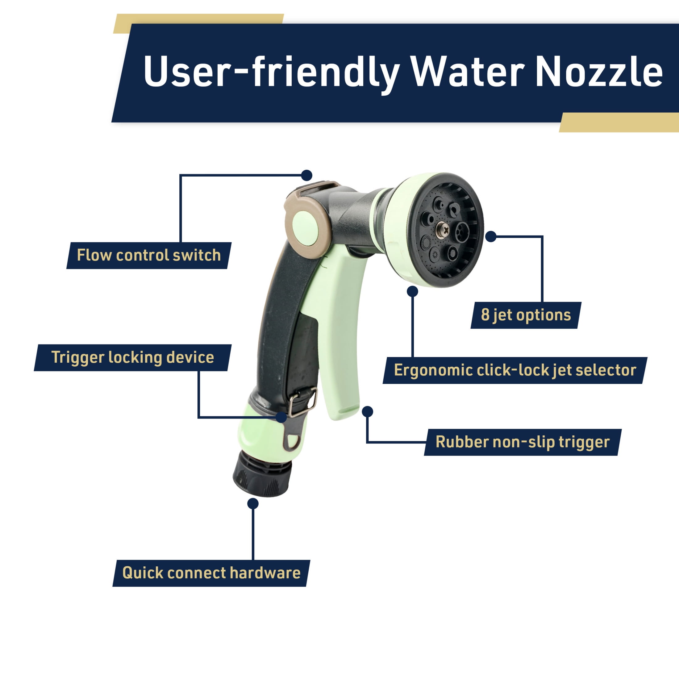 Kings County Tools Garden Hose Nozzle Sprayer with 8 Spray Patterns and Quick Connector (Mint/Black)