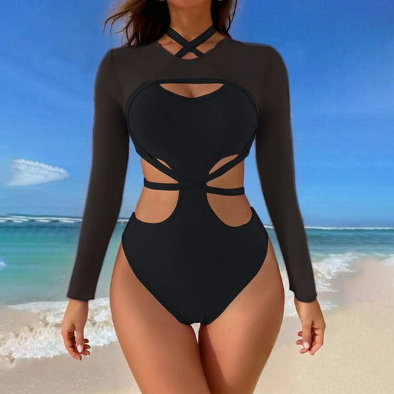 TEVEQ Womens Swimsuit Long Sleeved Stitching Open Belly Straples One Piece Swimsuit Women Tummy Control Slimming Cheeky Modest 2025 Trendy Swim Suits for Women 2025 Bathing Suit for Women One Piece