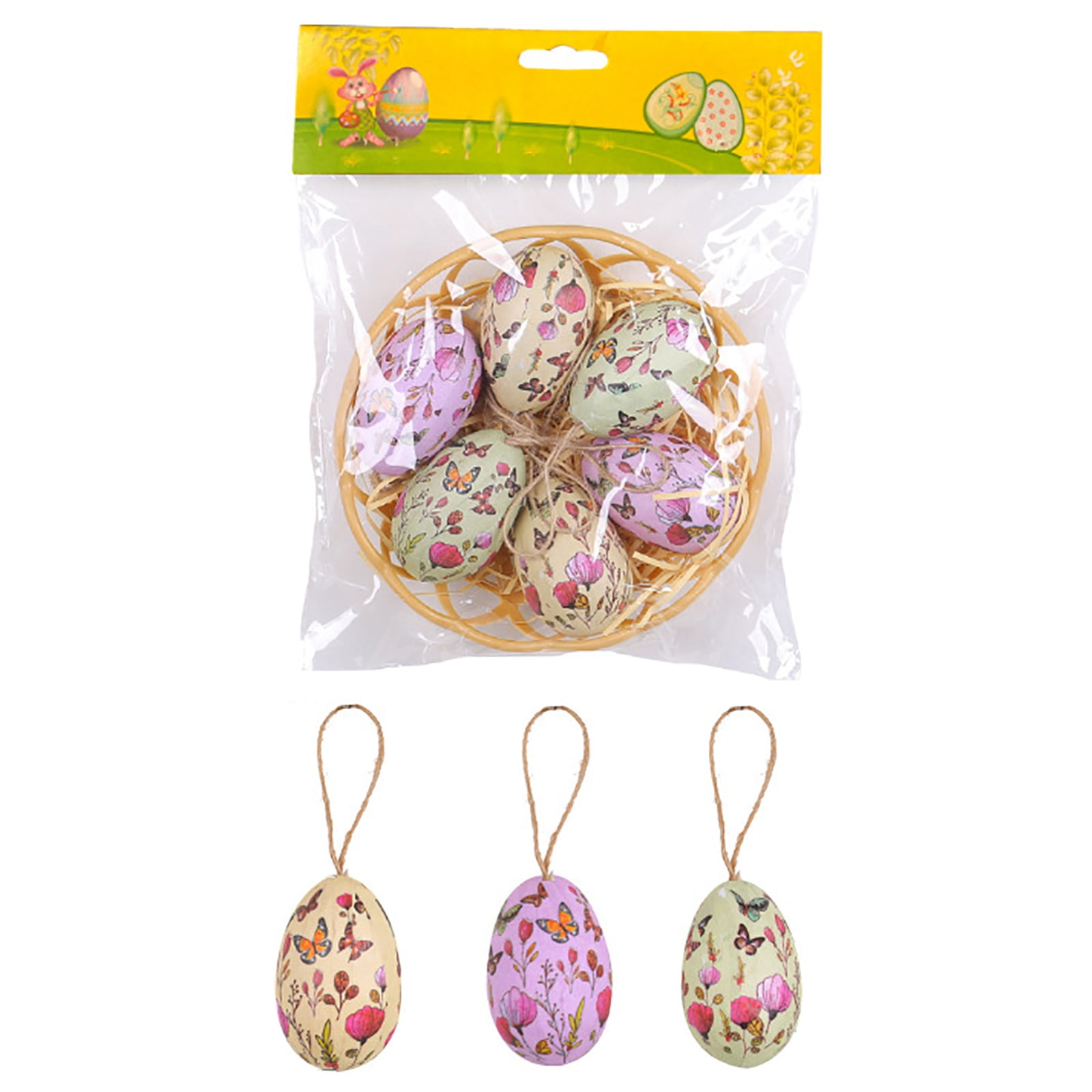 6pcs Hanging Plastic Easter Eggs with Basket Easter Tree Decorations Ornaments Hanging Easter Eggs, Hand Painted Eggs Easter Ornaments for Tree Basket DIY Crafts Easter Party Favors