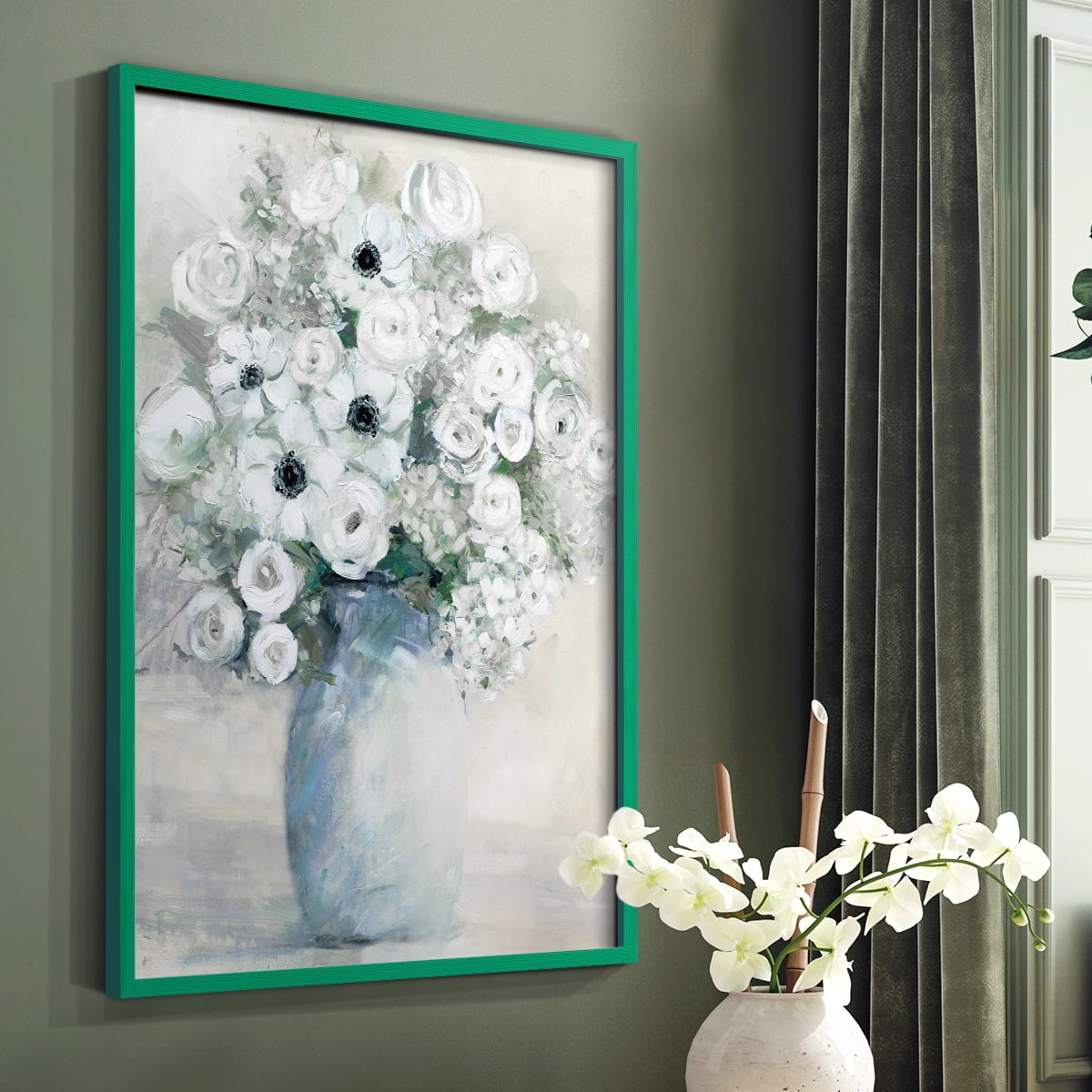 White Anemone Bouquet Framed Print in Green Solid Wood 11 x 14 Framed Print