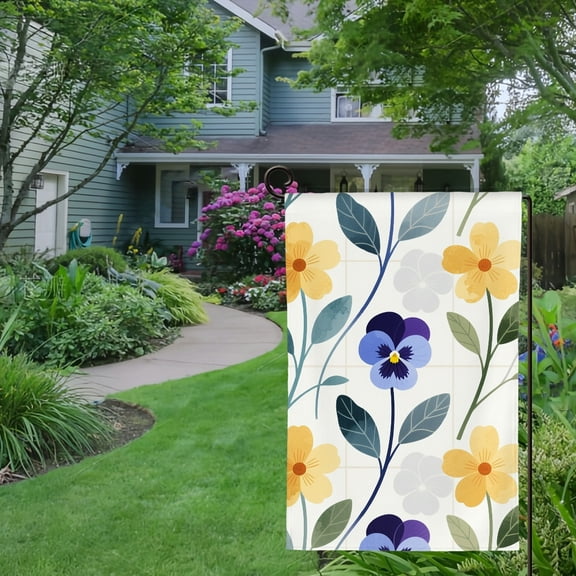 Spring Summer Garden Flag Double Sided Blue and Yellow Flower Linen Welcome Yard House Outside Outdoor Decoration,12*18 inch