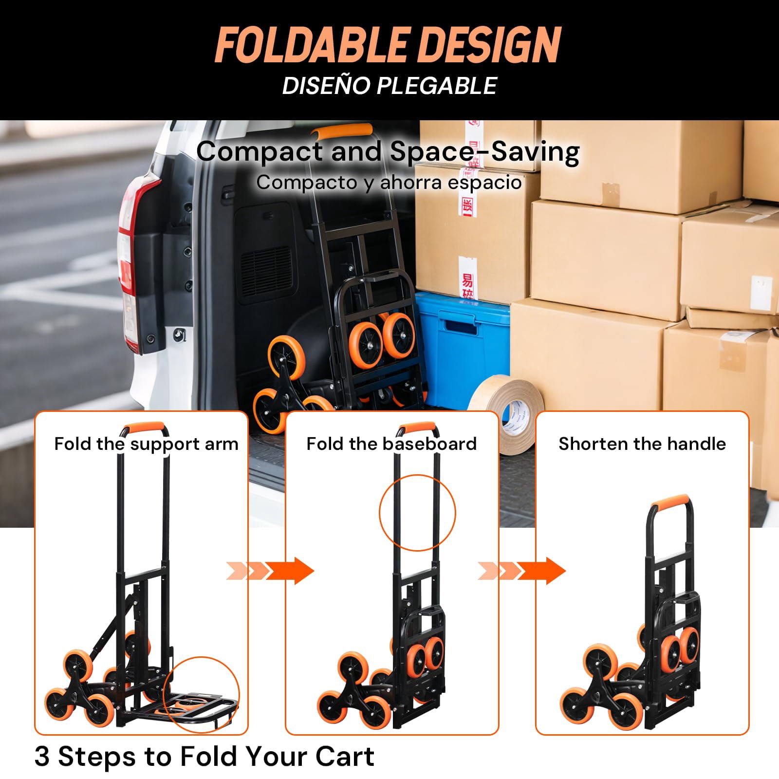 SEKAM Stair Climbing Cart, 440 lbs Capacity Folding Hand Truck with 10 Wheels, Heavy Duty Steel Dolly for Moving & Warehouse, Orange