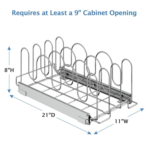 Pull Out Pan and Pot Lid Organizer for Cabinet, Holds Up to 18 Lids, 11"W x 21"L Chrome Steel Rack