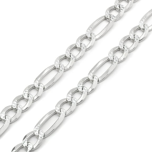 925 Italian Sterling Silver 8.5mm Solid Figaro Diamond Cut Chain, FREE Microfiber Cloth, ITProLux Pave Link Mens Womens Necklace, Giorgio Bergamo