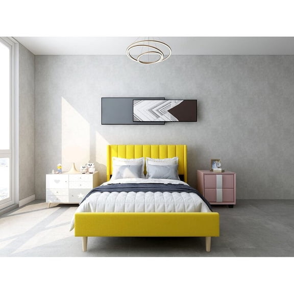 Tslinn Low Profile Upholstered Platform Bed,Full Beds With Yellow Color(Velvet),