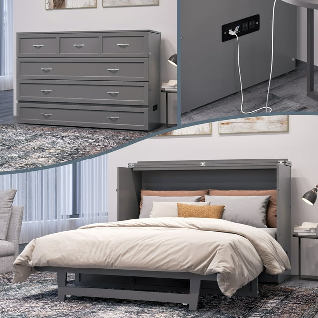 Northfield Lit Escamotable Moderne en Bois Massif Format Grand avec Matelas, Gris