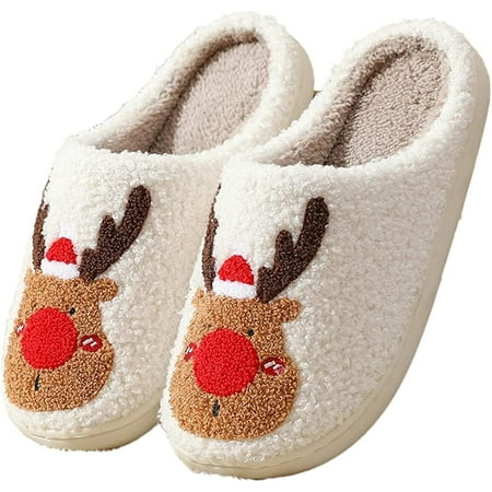 

CoCopeaunt Women Men Cozy Cute Santa Deer Cartoon Fluffy Faux Fur Soft House Slippers Fashion Fleece Lining Indoor Shoes Winter Outdoor